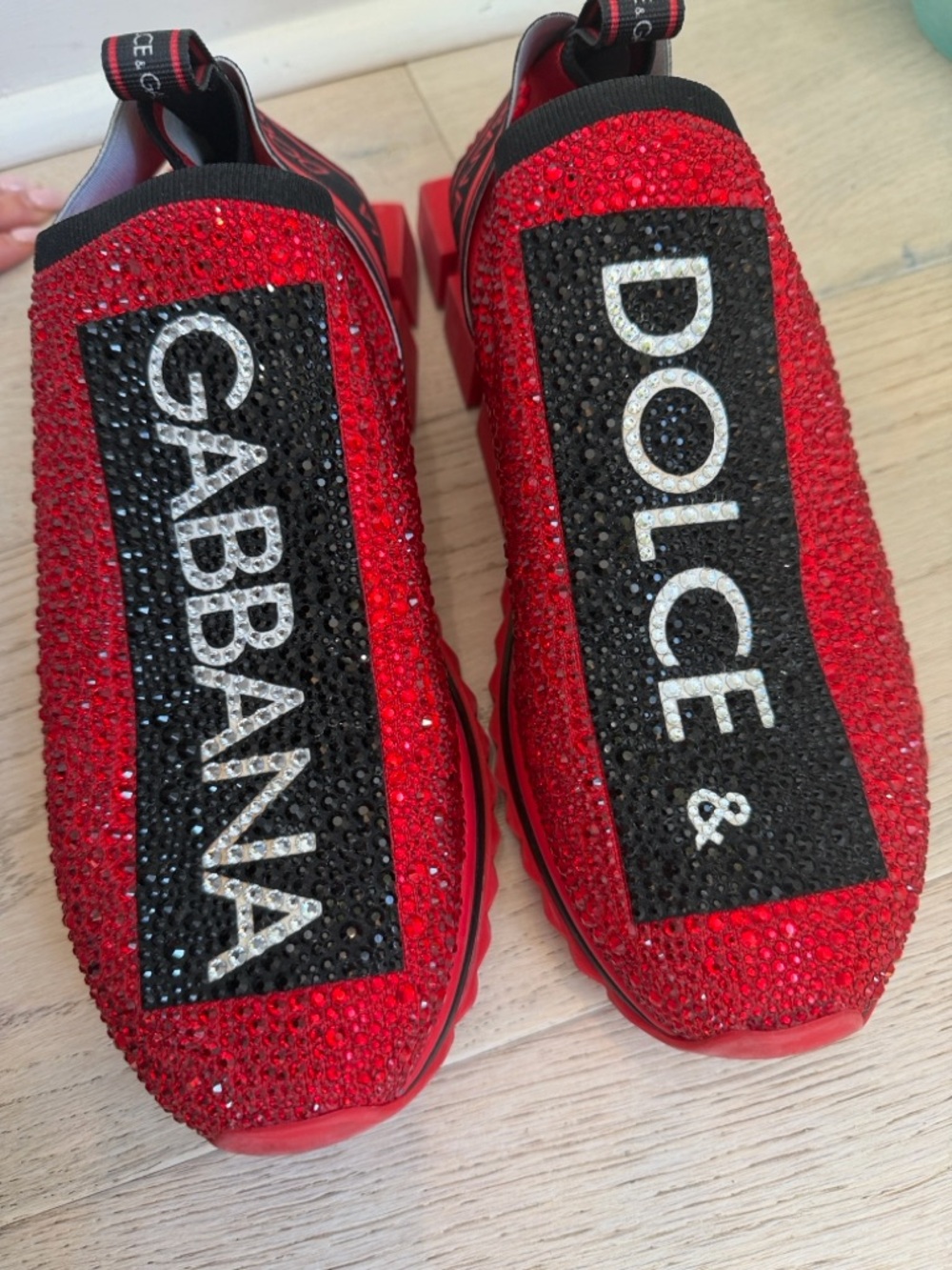 Dolce & Gabbana Red and Black Crystal-Embellished Slip-On Sneakers